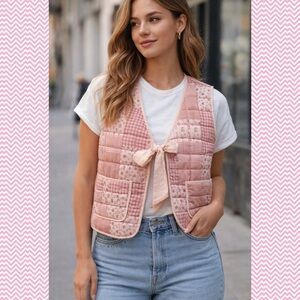 Stoosh Pink Patch Bow Tie Quilted Patchwork Vest Size Medium